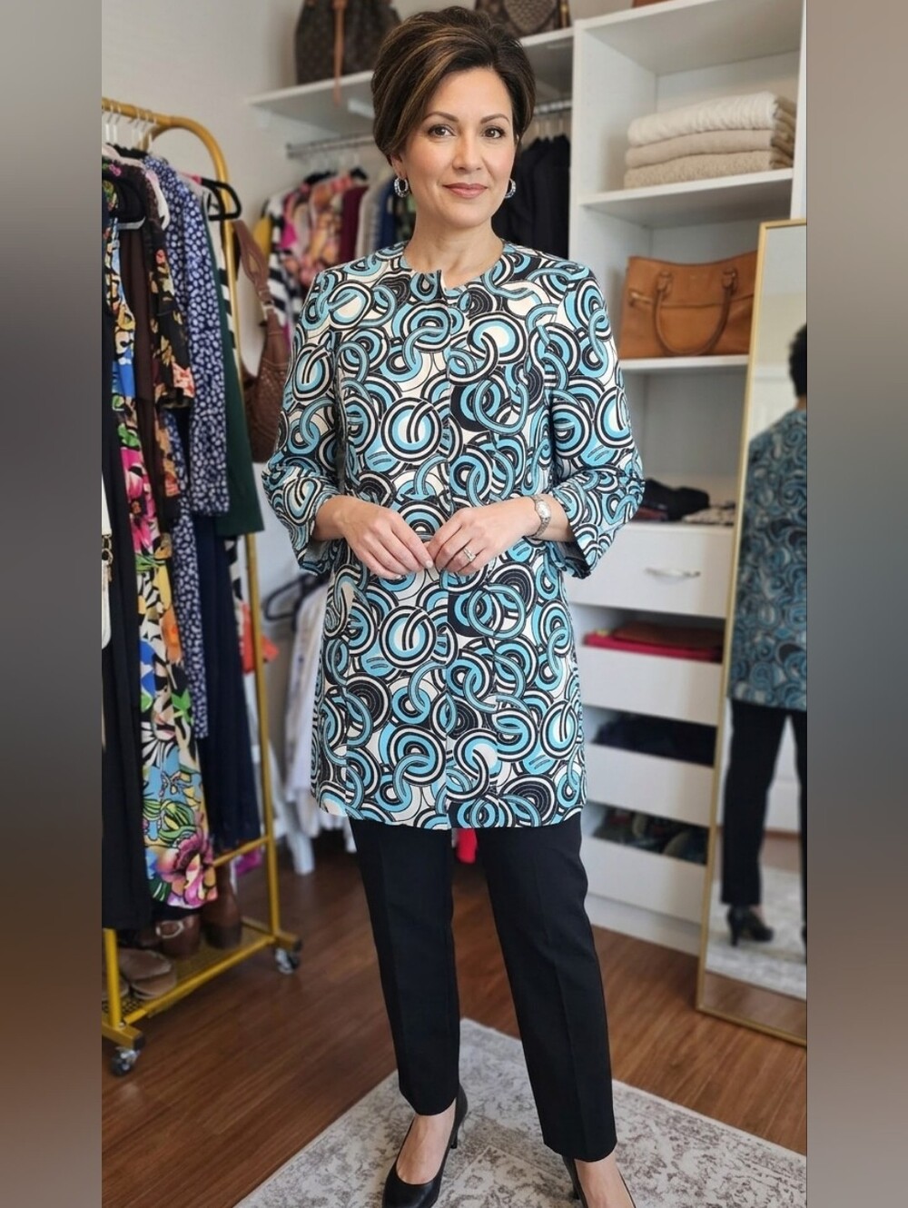 Kasper Blue, Black & White Circular-Print Blazer Tunic